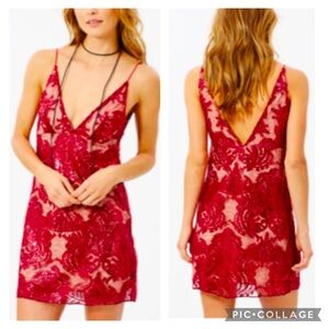 Free People Night Shimmer Mini Cocktail Dress Burgundy Sequin Lace size 2